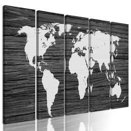 5-dielny obraz čiernobiela moderná mapa sveta na drevenom podklade