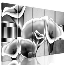 5-dielny obraz luxusné kvety kaly v čiernobielom prevedení
