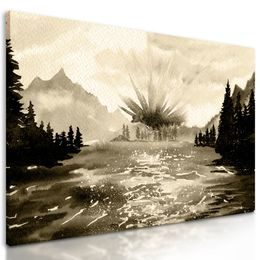 Obraz maľovaná horská krajinka v sépiovom prevedení