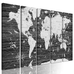 5-dielny obraz historická mapa sveta na drevenom pozadí v čiernobielom prevedení