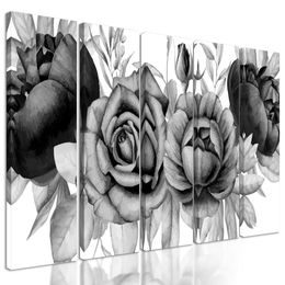 5-dielny obraz nežné splynutie ruží a listov v čiernobielom prevedení