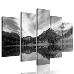 5-dielny obraz jazero medzi horami v čiernobielom prevedení