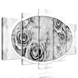 5-dielny obraz nádherné historické ruže v čiernobielom prevedení