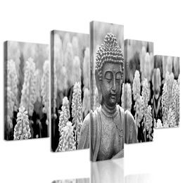 5-dielny obraz Budha na levandulovej lúke v čiernobielom prevedení