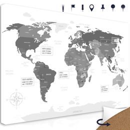 Obraz na korku pútavá mapa sveta v okúzľujúcom čiernobielom prevedení