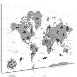 Obraz mapa sveta so symbolickými zvieratami v čiernobielom prevedení