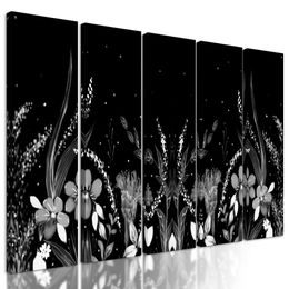 5-dielny obraz lúka plná kvetov v čiernobielom prevedení