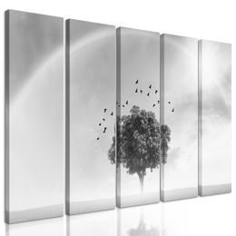 5-dielny obraz strom pod dúhou v čiernobielom prevedení