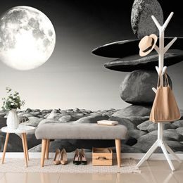Fototapeta relaxačné kamene pri splne mesiaca v čiernobielom prevedení
