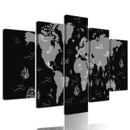5-dielny obraz dobrodrúžna mapa sveta v čiernobielom prevedení