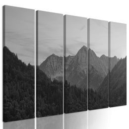 5-dielny obraz krása horského štítu v čiernobielom prevedení