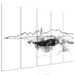 5-dielny obraz osamelá jachta v čiernobielom prevedení