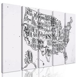 5-dielny obraz zaujímavá mapa USA v čiernobielom prevedení