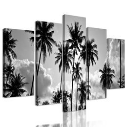 5-dielny obraz západ slnka v tropickom raji v čiernobielom prevedení