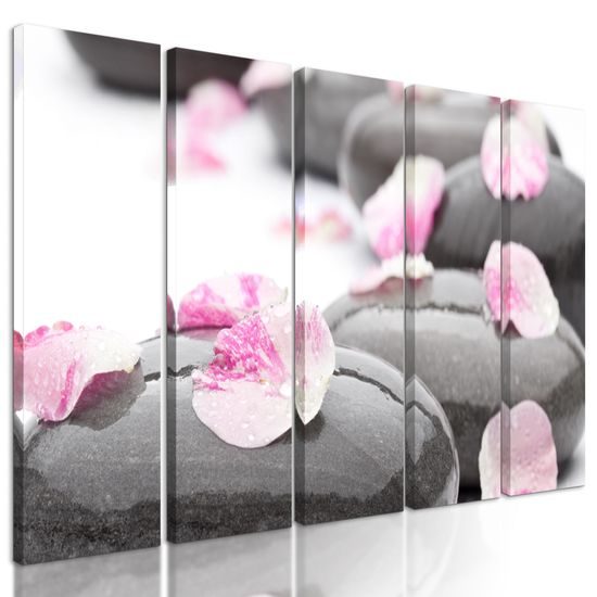 5-dielny obraz zen kamene s lupeňami kvetu