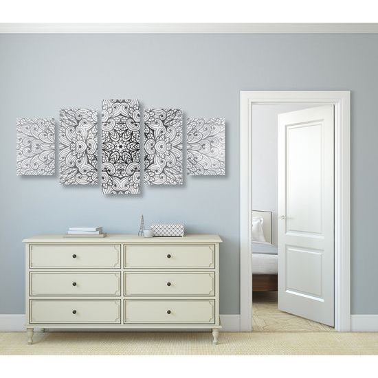 5-dielny obraz umelecká Mandala v čiernobielom prevedení