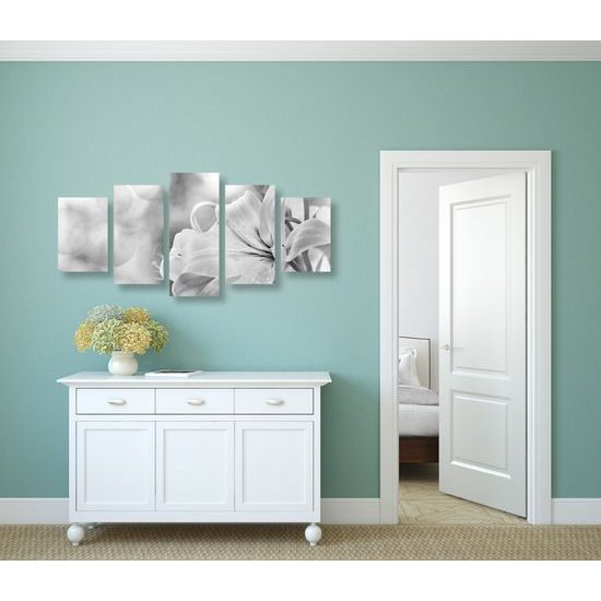 5-dielny obraz nežná ľalia v čiernobielom prevedení