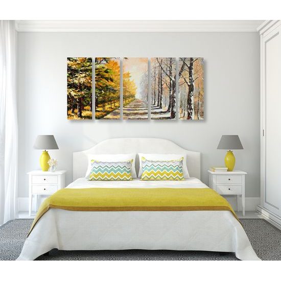5-dielny obraz alej stromov na prelome ročných období