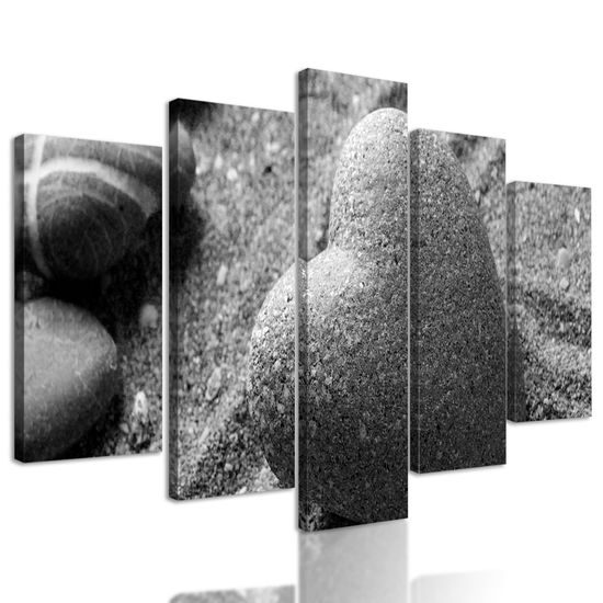 5-dielny obraz Zen kameň ako znak lásky v čiernobielom prevedení