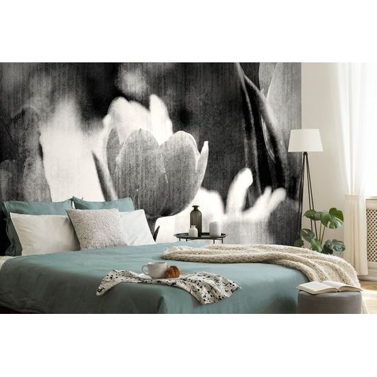 Zaujímavá čiernobiela tapeta tulipány v retro prevedení