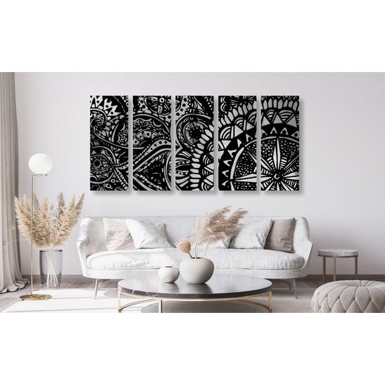 5-dielny obraz nevšedná čiernobiela Mandala