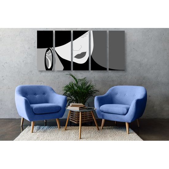 5-dielny obraz elgantnosť ženy v čiernobielom prevedení