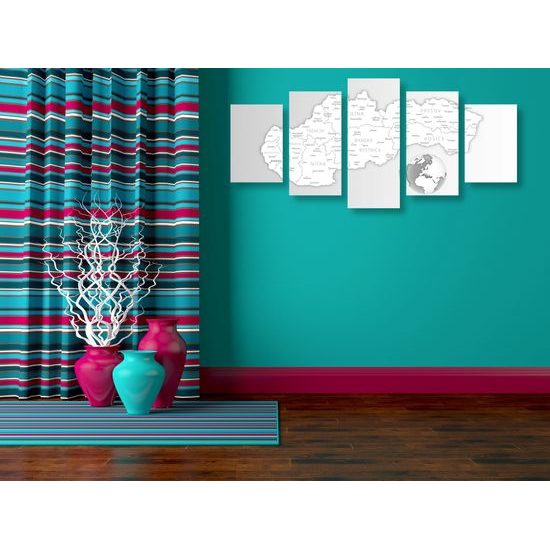 5-dielny obraz podrobná mapa Slovenska v čiernobielom prevedení