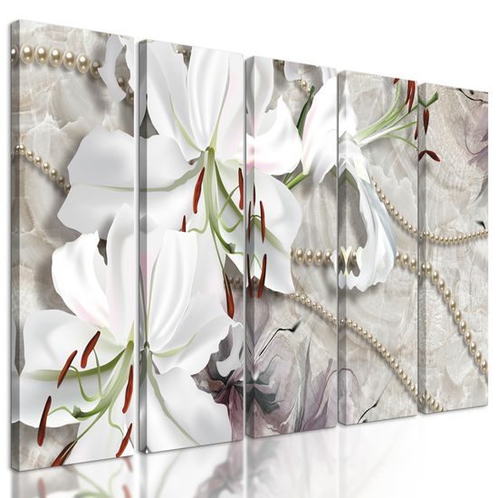 5-dielny obraz zátišie s ľáliami a perlami