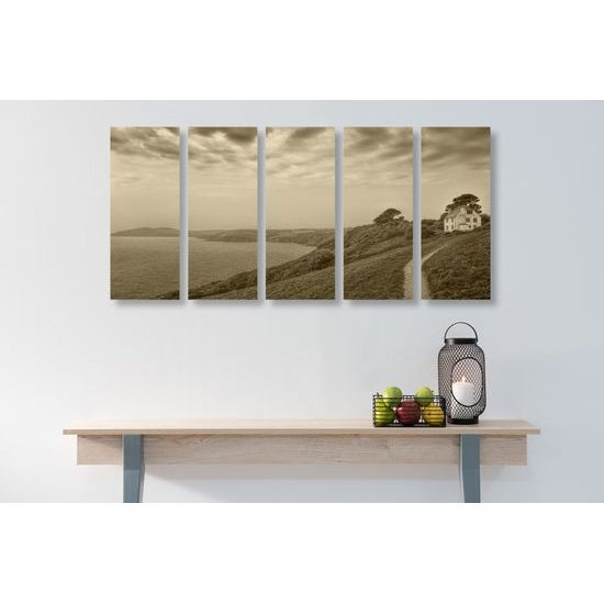 5-dielny obraz dom pri mori v sépiovom prevedení