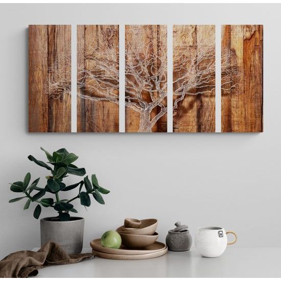 5-dielny obraz strom života na drevenom pozadí