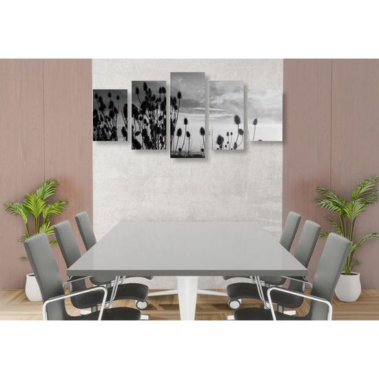 5-dielny obraz západ slnka za steblami trávy v čiernobielom prevedení