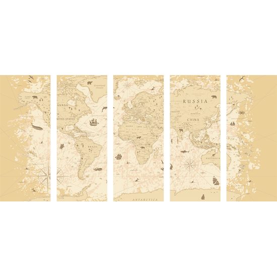 5-dielny obraz mapa sveta s historickým nádychom