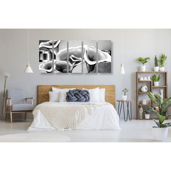 5-dielny obraz luxusné kvety kaly v čiernobielom prevedení