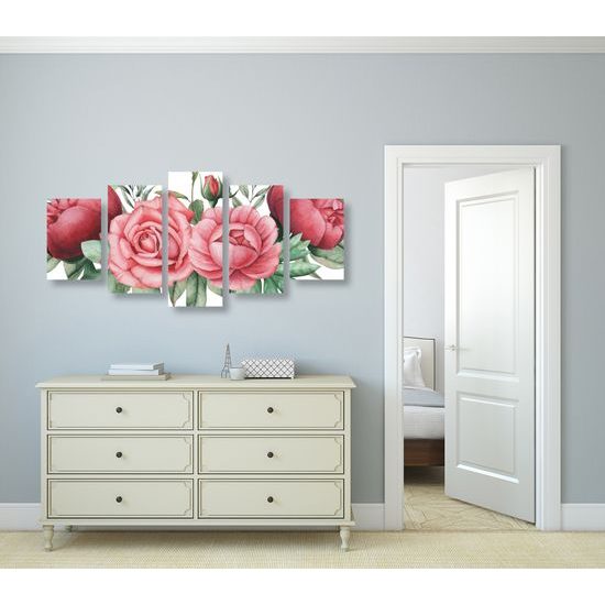 5-dielny obraz nežné splynutie ruží a listov