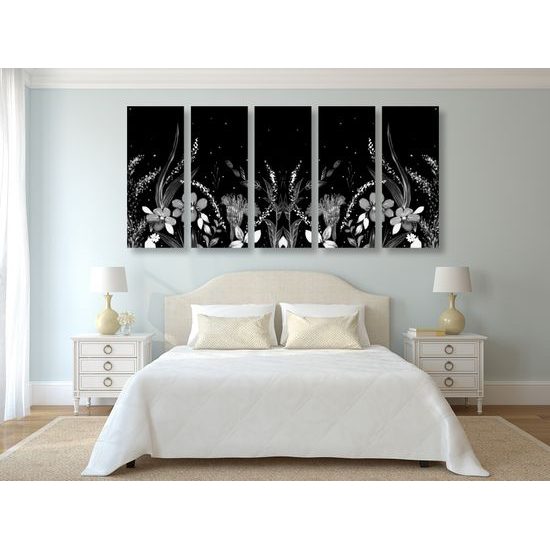 5-dielny obraz lúka plná kvetov v čiernobielom prevedení
