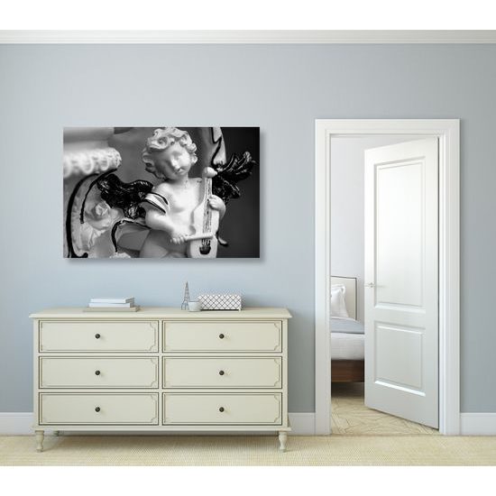 Obraz anjel s zlatými krídlami v čiernobielom prevedení