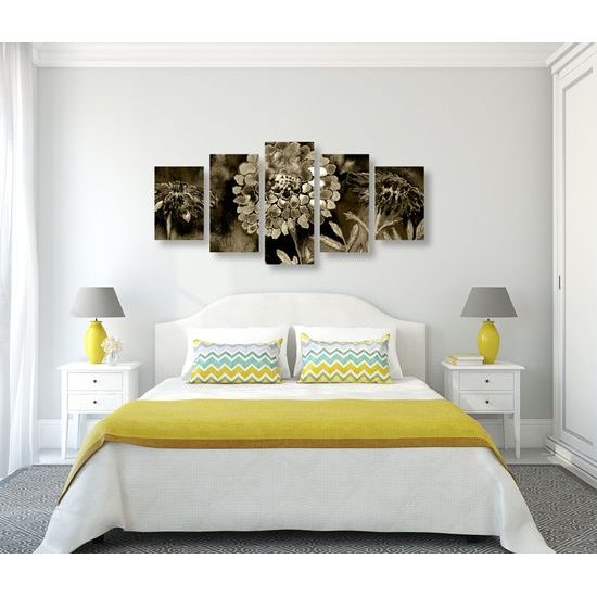 5-dielny obraz sépiova olejomaľba kvetov