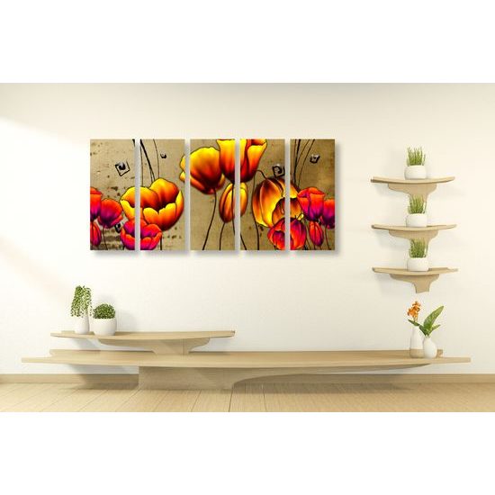 5-dielny obraz maky vo vintage štýle