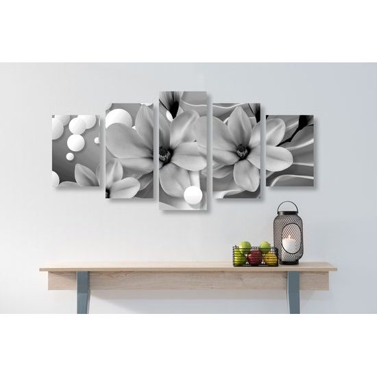 5-dielny obraz čiernobiela magnólia v rozkvete