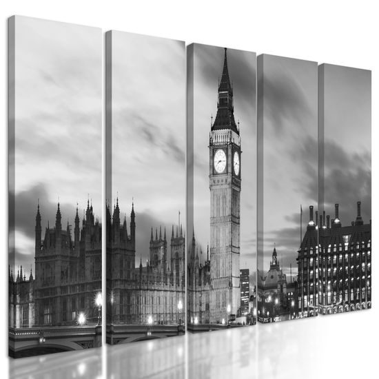 5-dielny obraz nasvietený Big Ben v čiernobielom prevedení