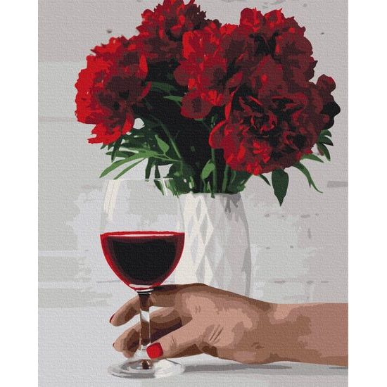 Maľovanie podľa čísiel pohár vína a váza pivoniek