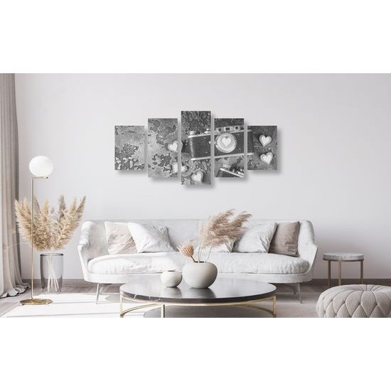 5-dielny obraz dva historické fotoaparáty v čiernobielom prevedení