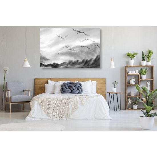 Obraz divoké čajky v čiernobielom prevedení