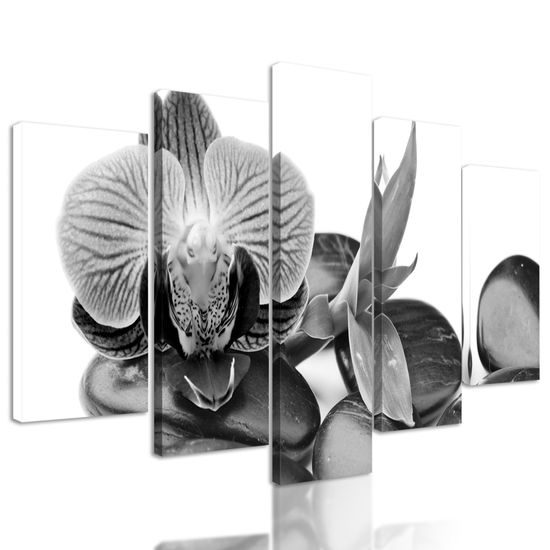 5-dielny obraz ploské wellness kamene v čiernobielom prevedení