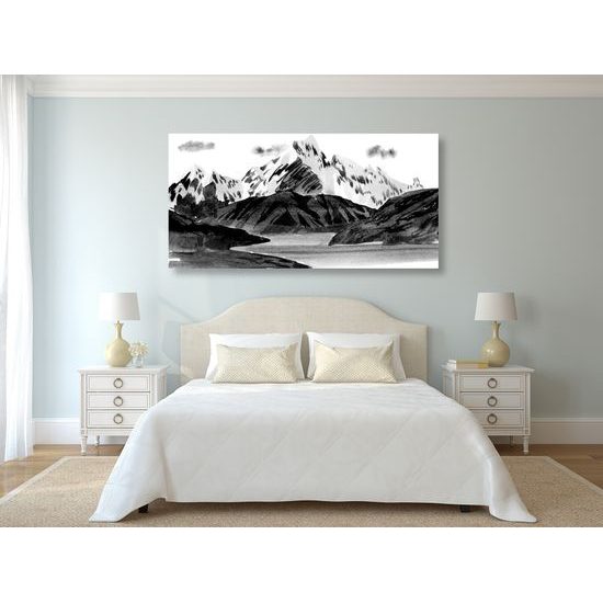 Obraz čiernobiela maľba rieky uprostred hôr