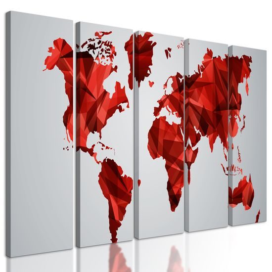 5-dielny obraz mapa sveta tovrená polygonmi v červenom prevedení