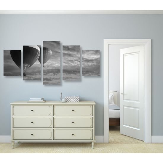 5-dielny obraz romatický let balónom v čiernobielom prevedení