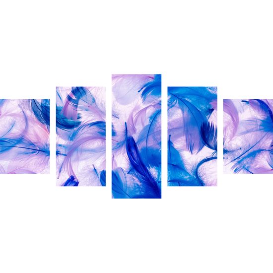5-dielny obraz fialovo modré abstraktné pierka na bielom pozadí