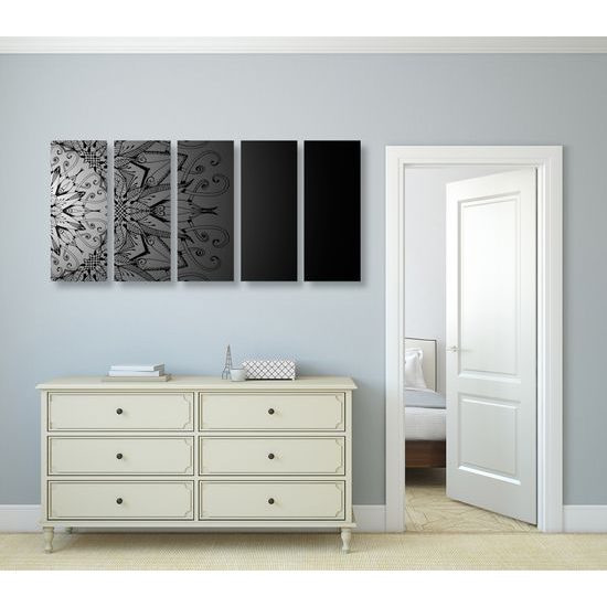 5-dielny obraz zaujímavá Mandala v čiernobielych farbách