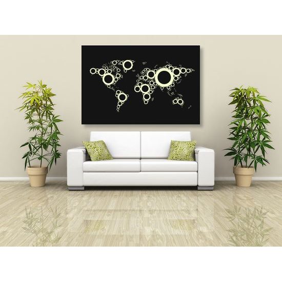 Obraz mapa sveta tvorená kružnicami v čiernobielom prevedení